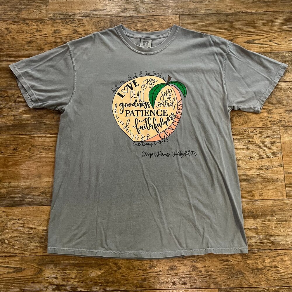 Comfort Colors Gray XL Shirt Galations 5:22-23 Peach Cooper Farms Fairfield TX
